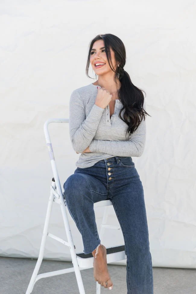 All The Better Grey Ribbed Knit Henley Long Sleeve Tee FINAL SALE - Terpint