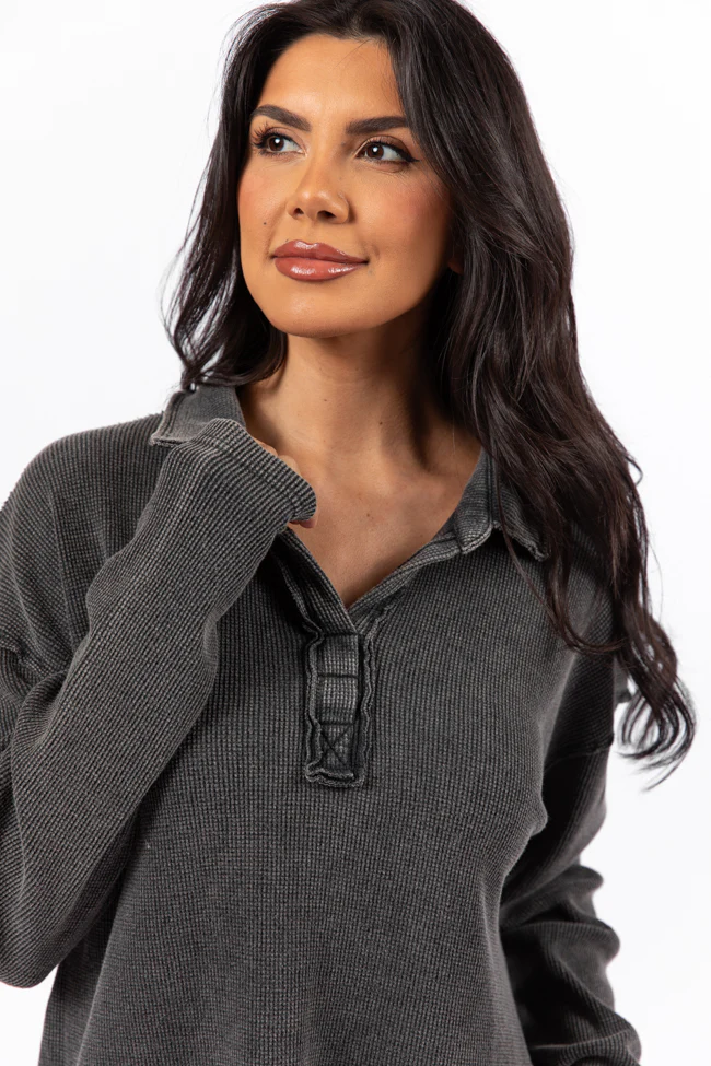 Leaf Your Worries Black Acid Washed Waffle Collared Top - Terpint