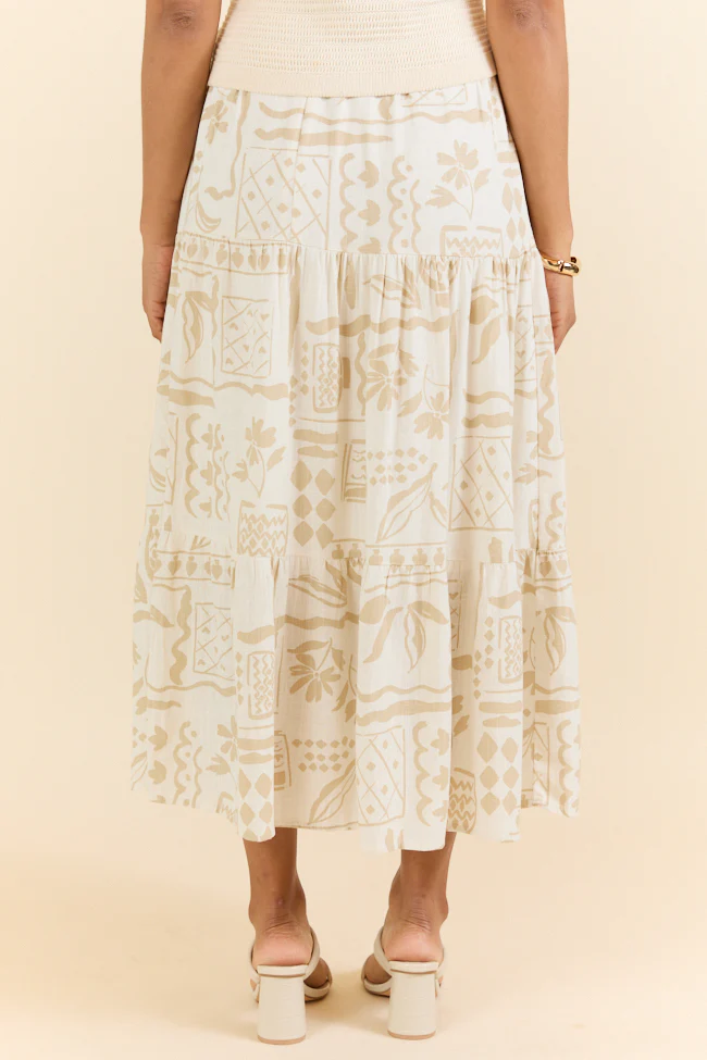 First Stop Ivory and Beige Icon Printed Midi Skirt FINAL SALE - Terpint