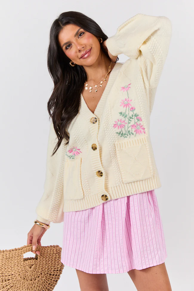 Up To Fate Cream and Pink Multi Floral Embroidered Cardigan FINAL SALE - Terpint