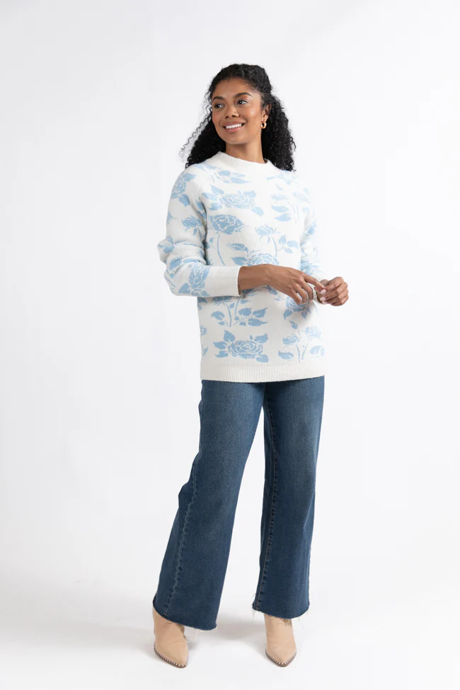 Feeling Like Love Ivory and Blue Floral Crew Neck Sweater FINAL SALE - Terpint