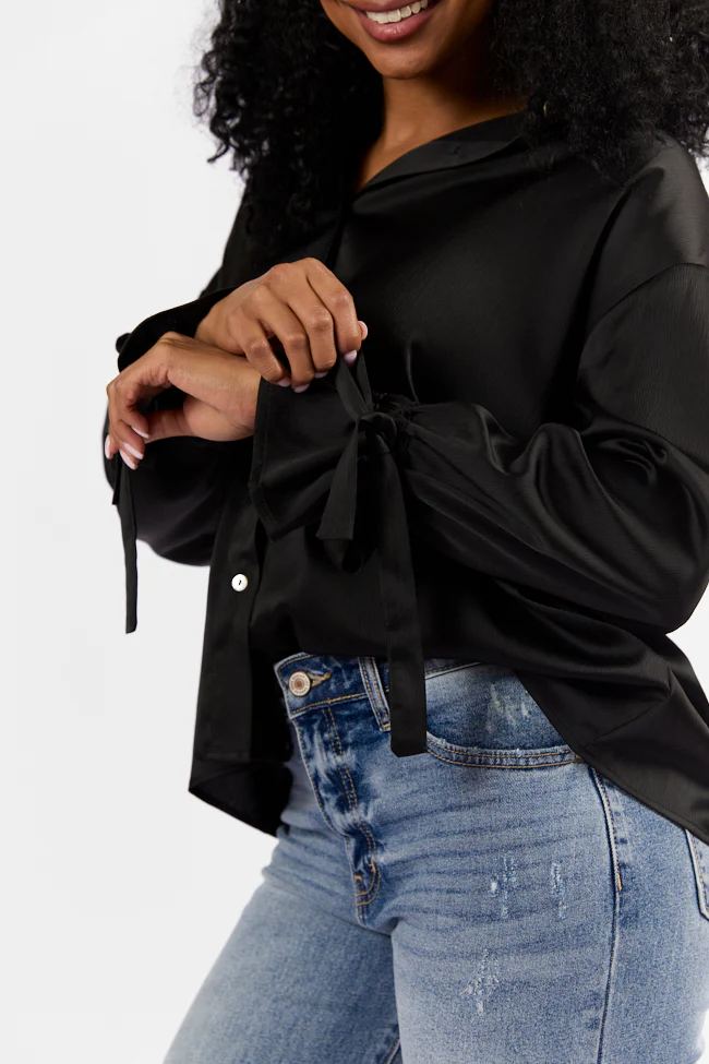 Think It Through Black Bow Cuff Satin Button Down Shirt FINAL SALE - Terpint
