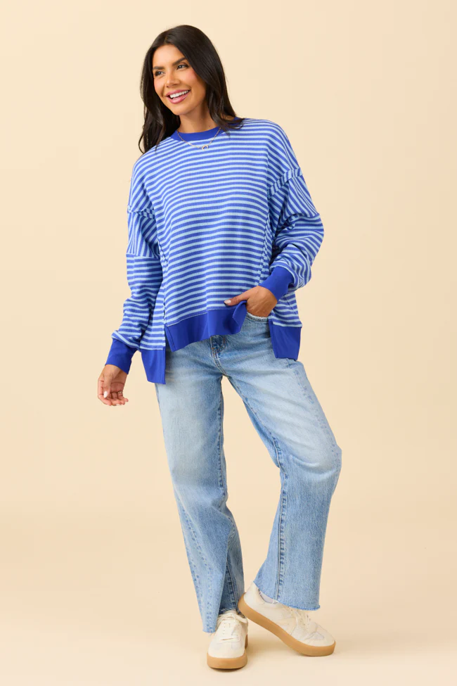 Kara Blue Stripe Waffle Pullover - Terpint
