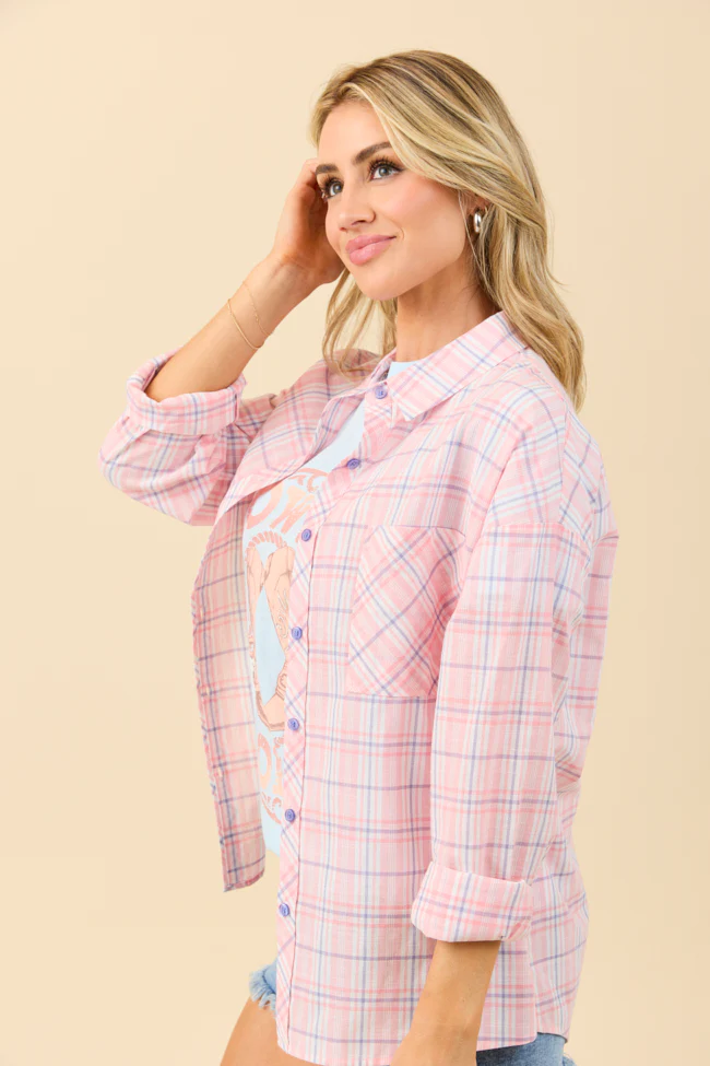 Rory Pink and Blue Plaid Button Down Top DOORBUSTER - Terpint