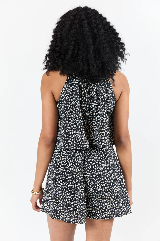 Spotlight Moment Black and White Daisy Print Halter Neck Romper DOORBUSTER - Terpint