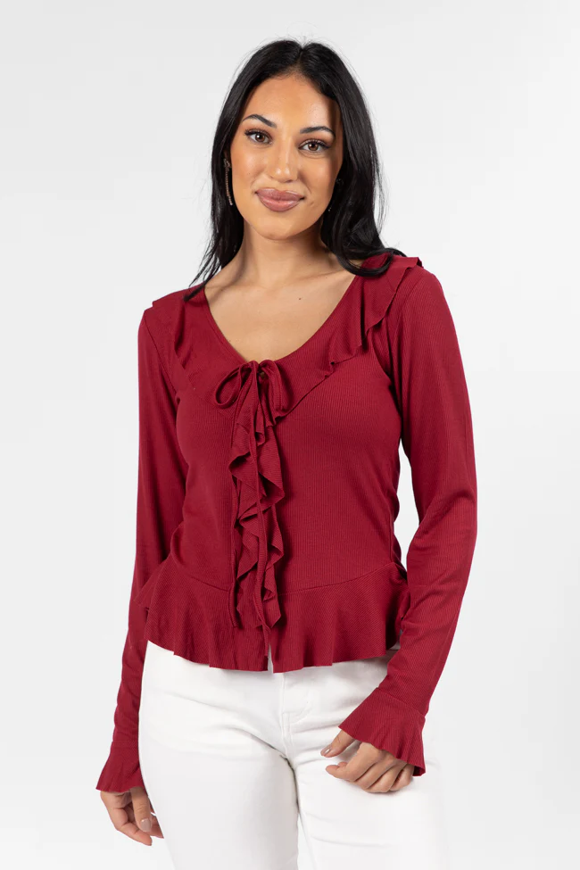 Treat You The Same Wine Ruffle Detail Ribbed Blouse FINAL SALE - Terpint