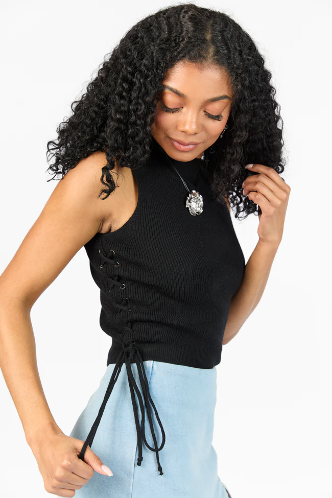 Strike The Right Note Black Corset Side Detail Sweater Tank - Terpint