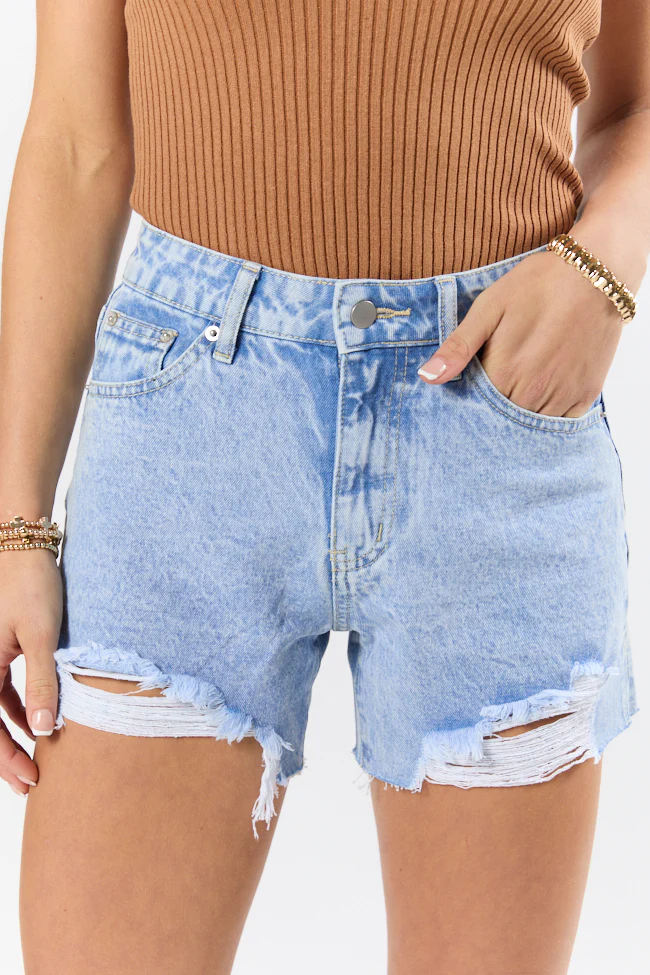 Nights Abroad Light Wash Distressed Denim Shorts DOORBUSTER - Terpint