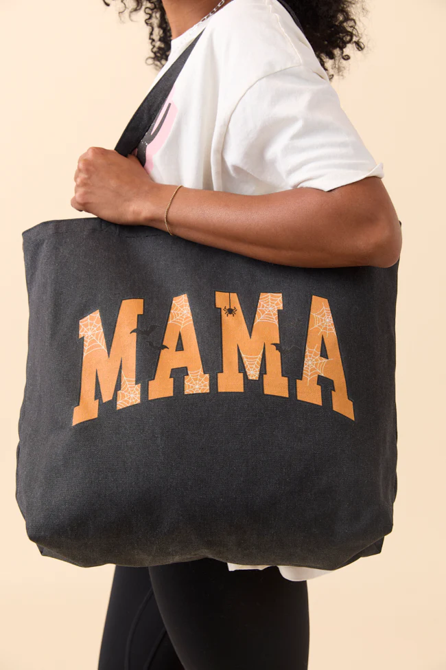Mama Block Halloween Printed Washed Black Graphic Tote Bag - Terpint