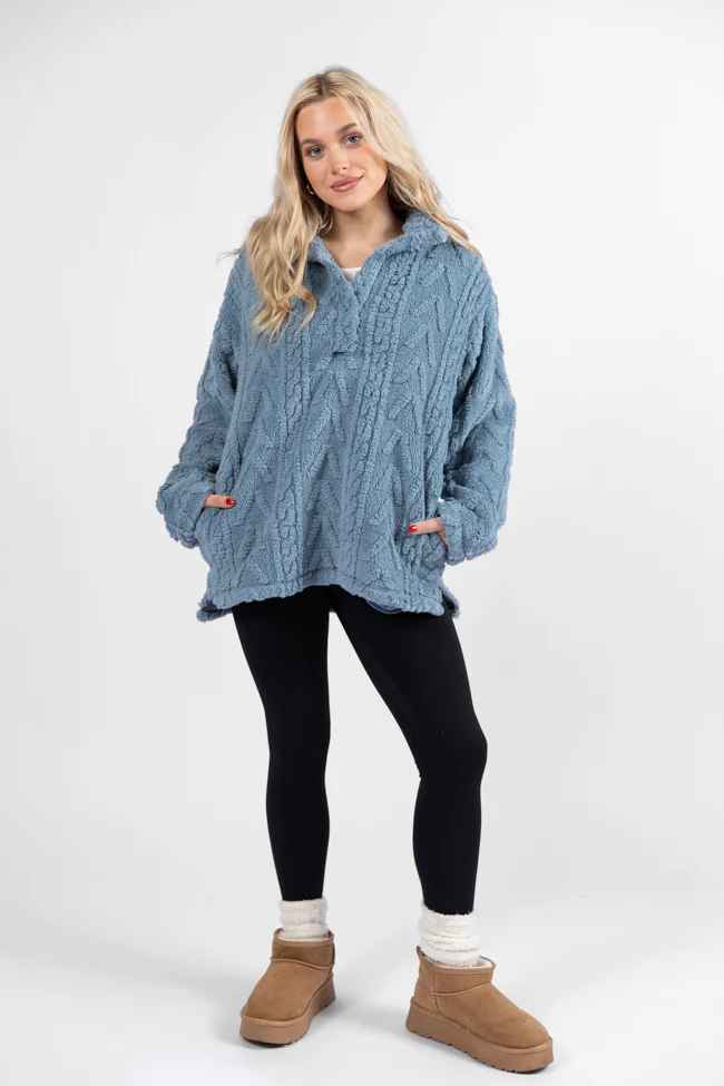 Take The Leap Blue Cable Detail Sherpa Pullover FINAL SALE - Terpint