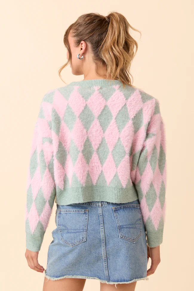 Peyton Long Sleeve Pink and Mint Argyle Cardigan - Terpint