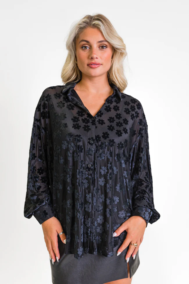 Face The Day Black Velvet Floral Button Down Blouse FINAL SALE - Terpint