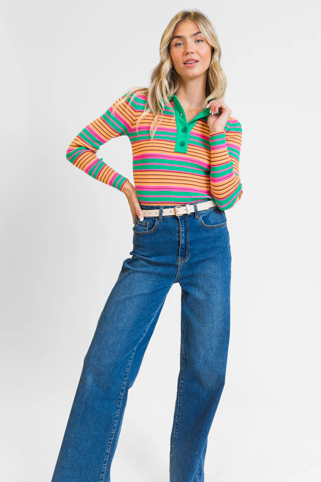 Wish I Knew Multi Striped Long Sleeve Polo Sweater FINAL SALE - Terpint
