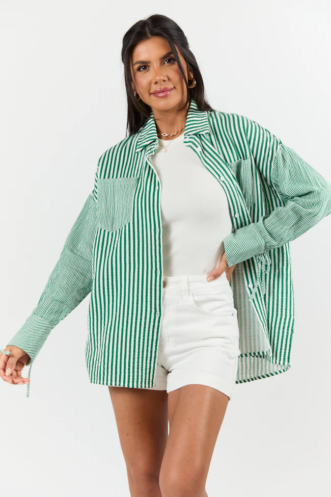 Daybreak Dreams Green Gauze Multi Stripe Button Down Top - Terpint