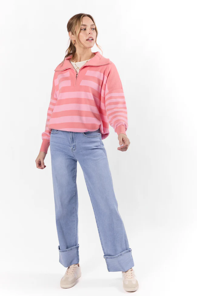 Pulling Heartstrings Coral Multi Stripe Quarter Zip Pullover FINAL SALE - Terpint