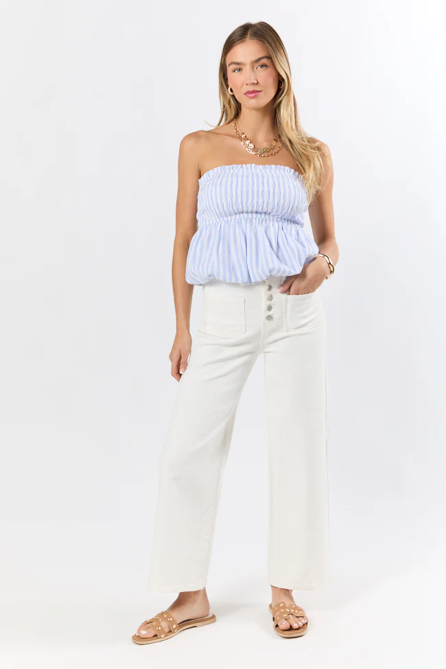 Always Captivating Blue Gingham Strapless Bubble Hem Top - Terpint