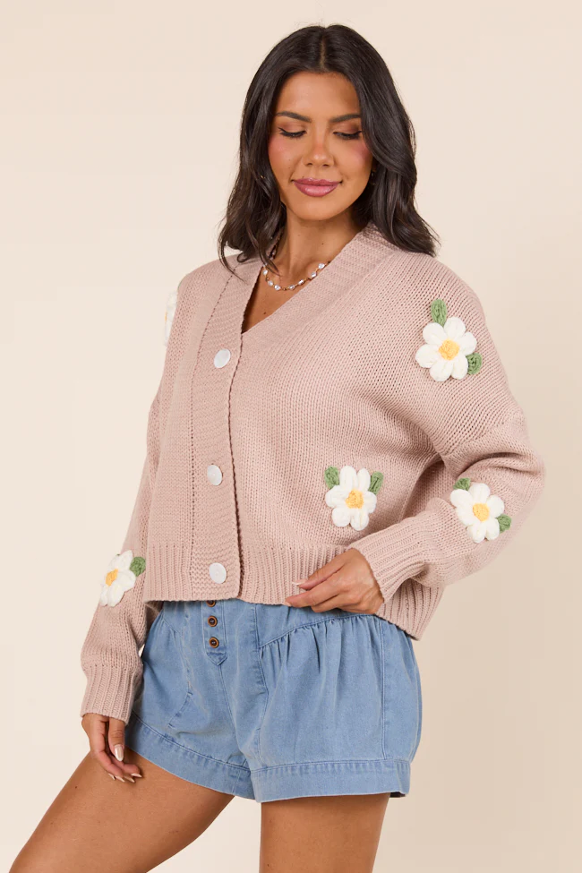 Samantha Long Sleeve Taupe Daisy Cardigan - Terpint