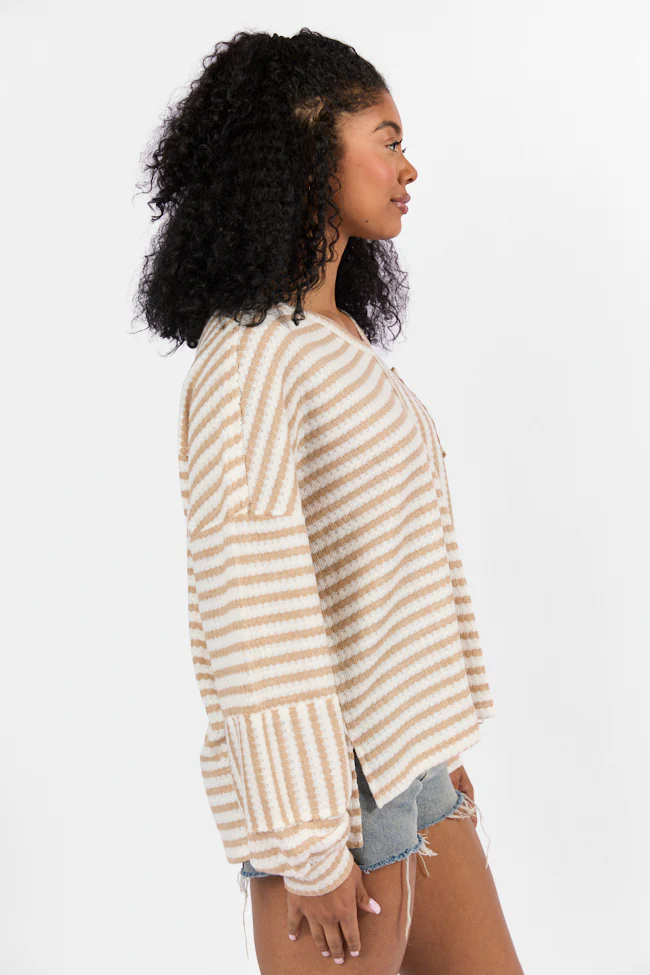 All For Sun Tan and Ivory Striped Knit V-Neck Long Sleeve Tee FINAL SALE - Terpint