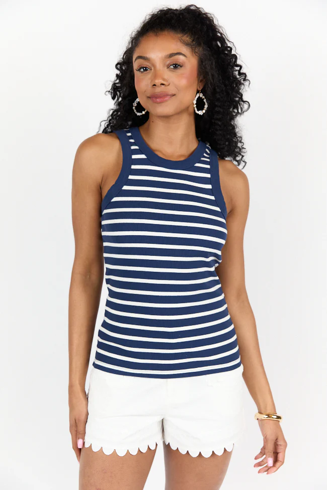 Simple Navy Ribbed Knit Stripe Tank DOORBUSTER - Terpint