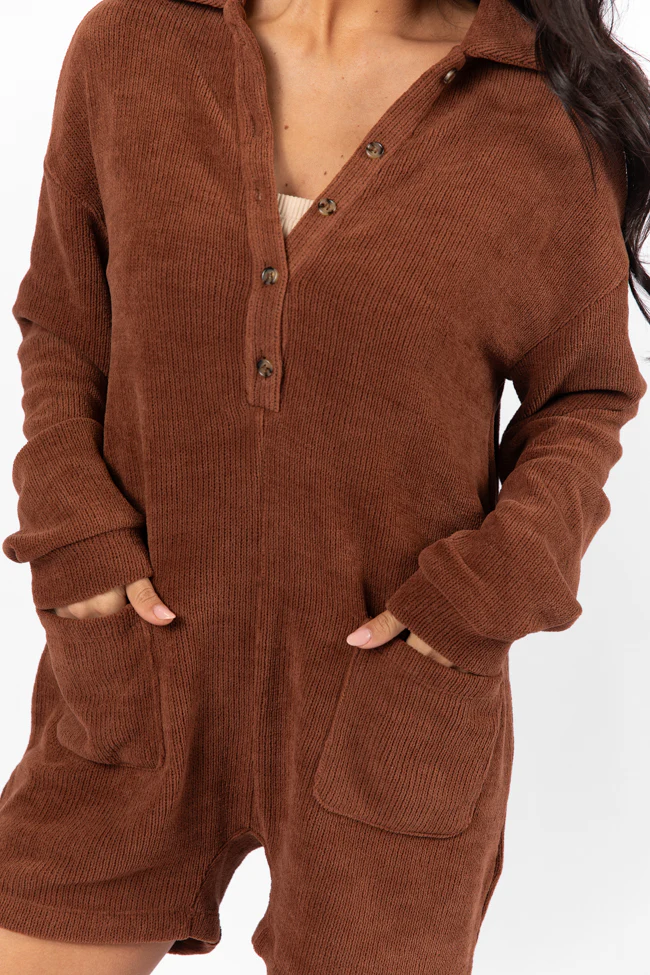 Now Or Never Chestnut Chenille Button Front Romper FINAL SALE - Terpint