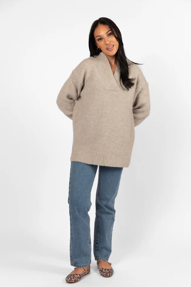 Relax Oatmeal Slouchy V-Neck Sweater FINAL SALE - Terpint