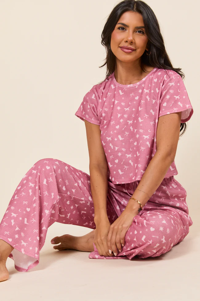 Lainey Waffle Knit Pink Western Icon Pajama Top - Terpint