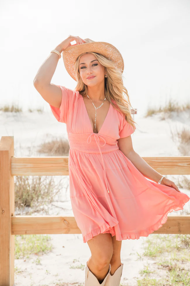 Urban Cowgirl Coral V-Neck Smocked Dress FINAL SALE - Terpint