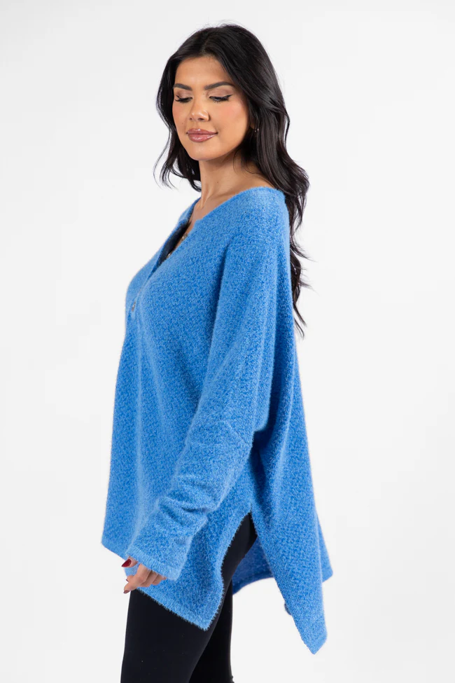 Thinking Of You Blue Fuzzy Henley Blouse FINAL SALE - Terpint