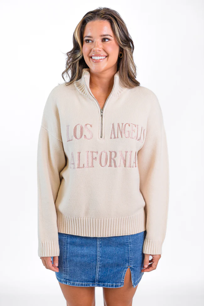 Roll With It Beige Los Angeles Embroidered Quarter Zip Sweater FINAL SALE - Terpint