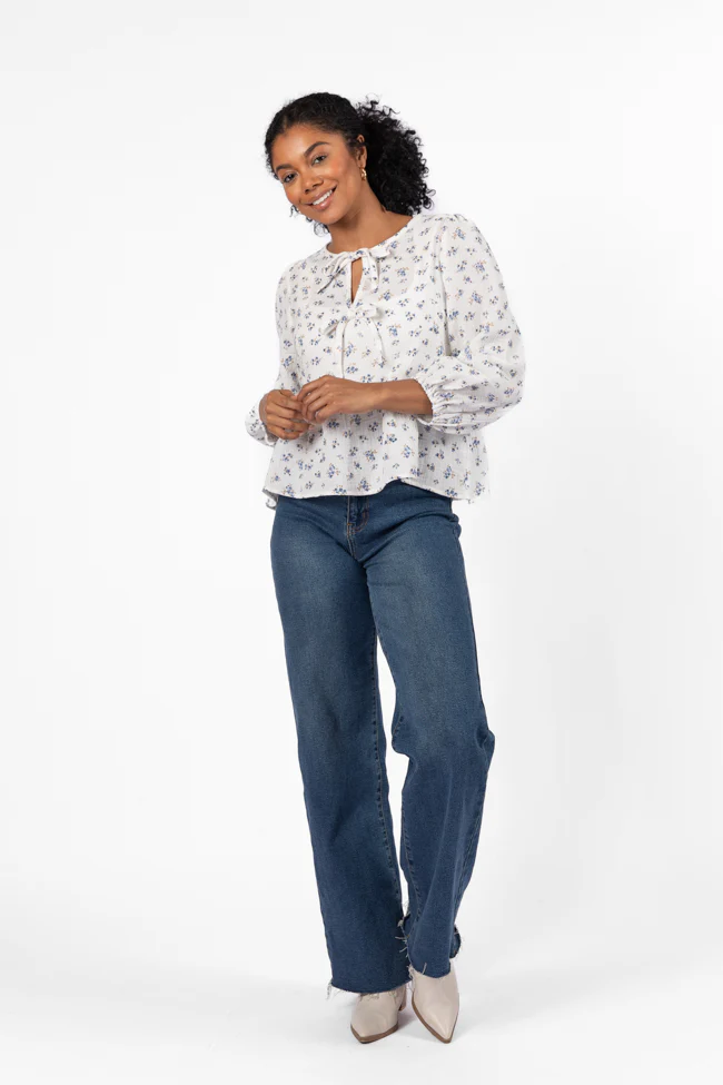 Close To Me Ivory and Blue Bow Detail Floral Blouse FINAL SALE - Terpint