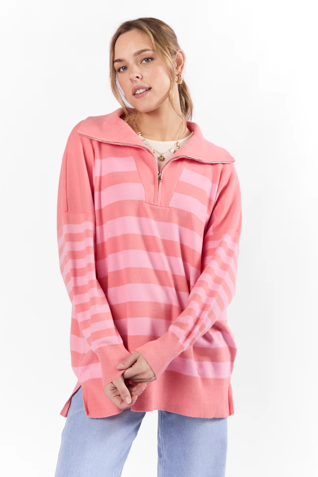Pulling Heartstrings Coral Multi Stripe Quarter Zip Pullover FINAL SALE - Terpint