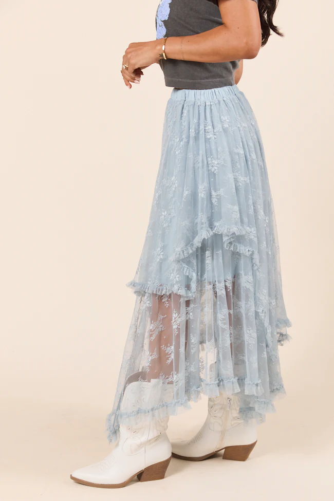 Cynthia Dusty Blue All Over Lace Hanky Hem Skirt - Terpint