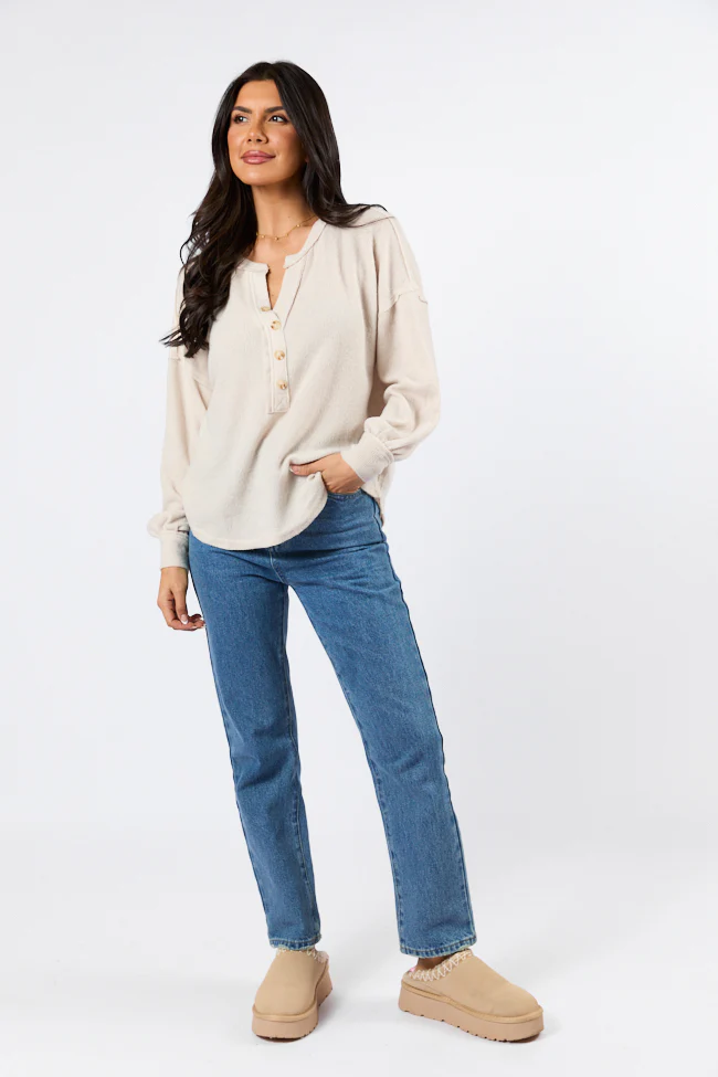 Any Other Way Oatmeal Brushed Rib Henley Knit Long Sleeve Top FINAL SALE - Terpint