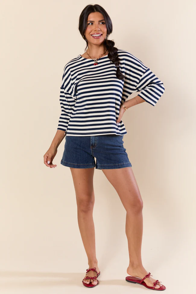Bold Lines Navy Striped 3/4 Sleeve Knit Top SALE - Terpint