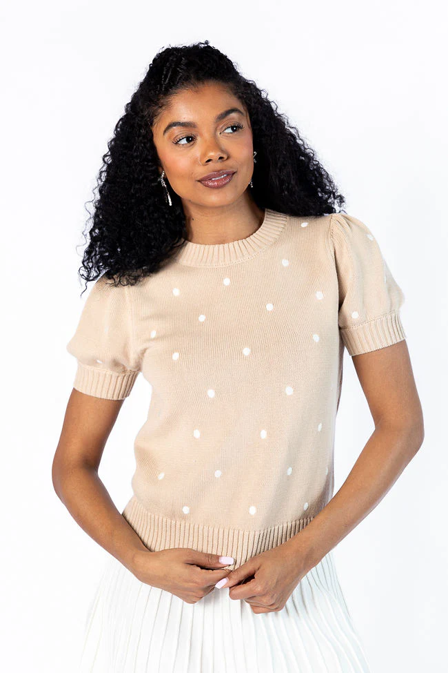 Polka Dot Daydreams Taupe and Ivory Short Sleeve Sweater FINAL SALE - Terpint