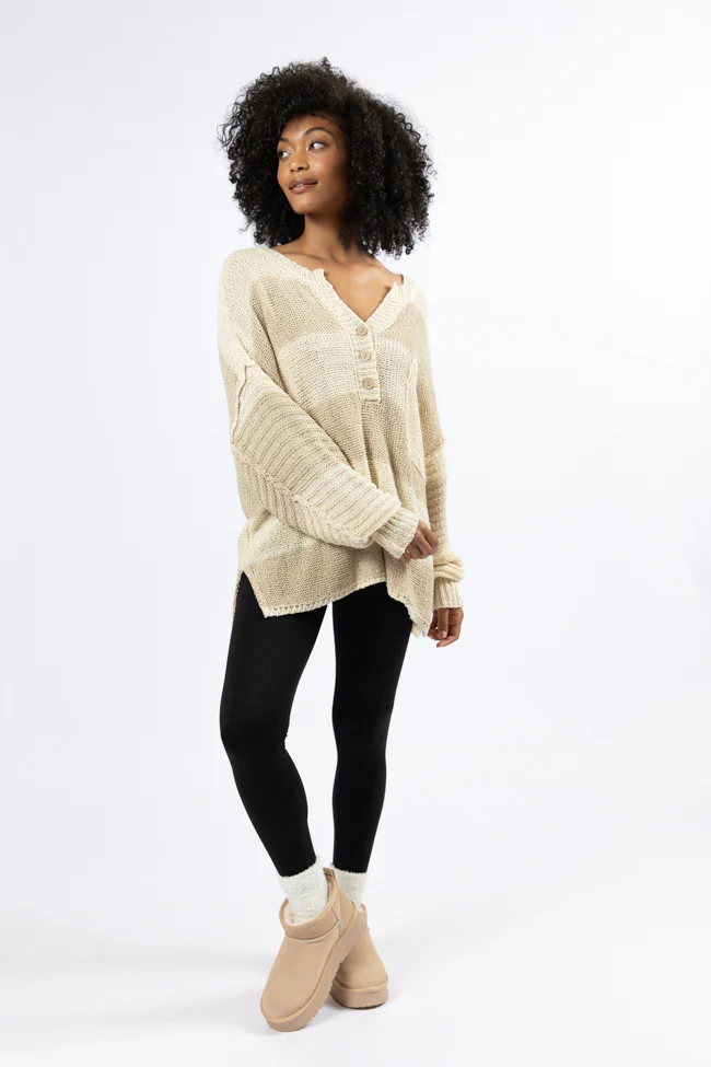 Know You Best Beige Oversized Striped Henley Sweater - Terpint