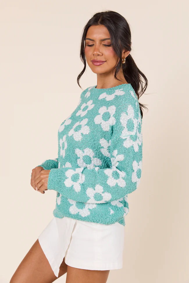 Teagan Long Sleeve Blue Floral Print Sweater - Terpint