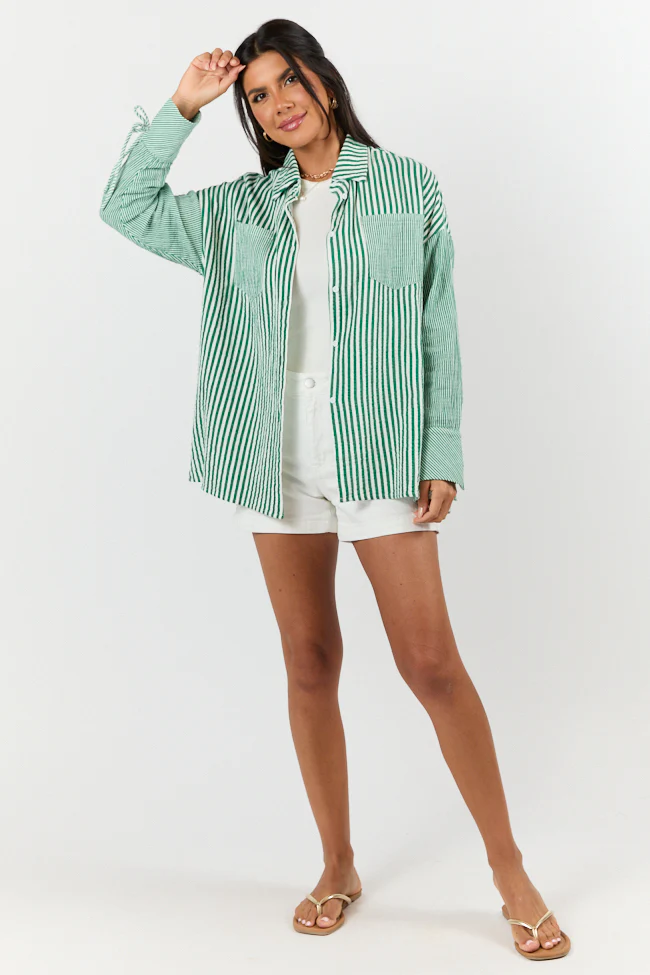 Daybreak Dreams Green Gauze Multi Stripe Button Down Top - Terpint