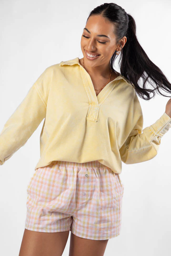 Take A Chance Yellow Acid Wash Knit Collared Long Sleeve Tee FINAL SALE - Terpint