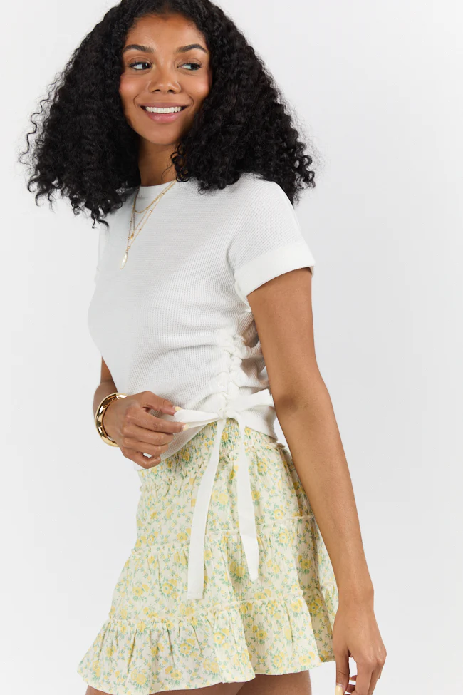 On The Road Again Ivory Waffle Knit Ruched Side Tee - Terpint