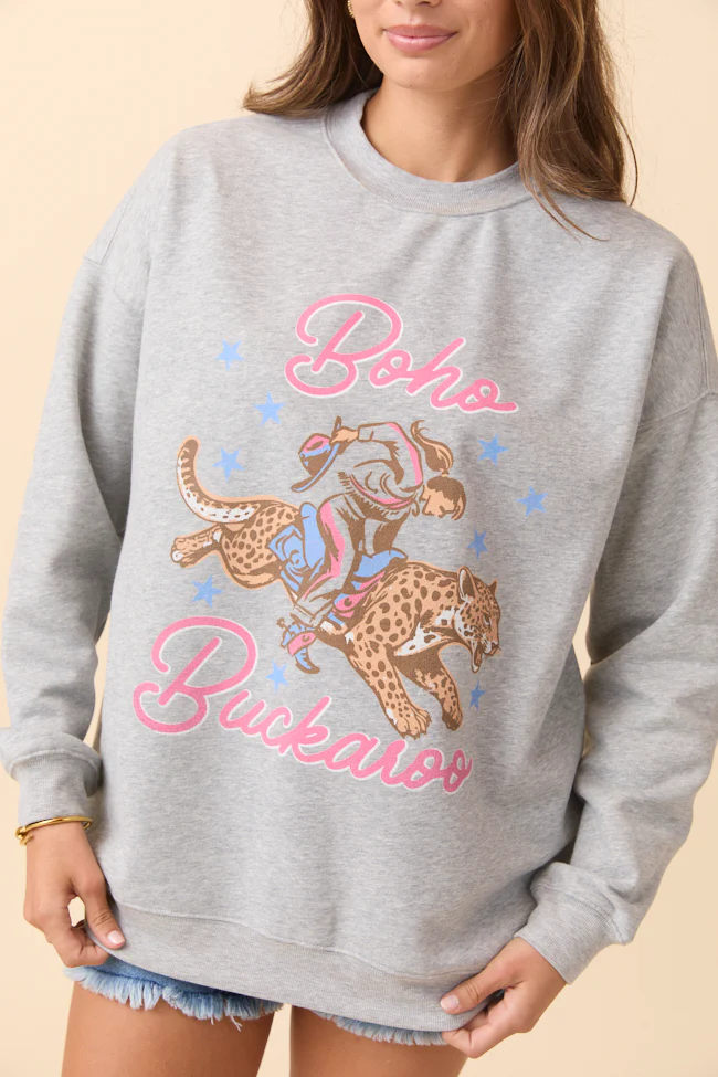 Boho Buckaroo Light Grey Graphic Sweatshirt Just Classically Cassidy X Pink Lily - Terpint
