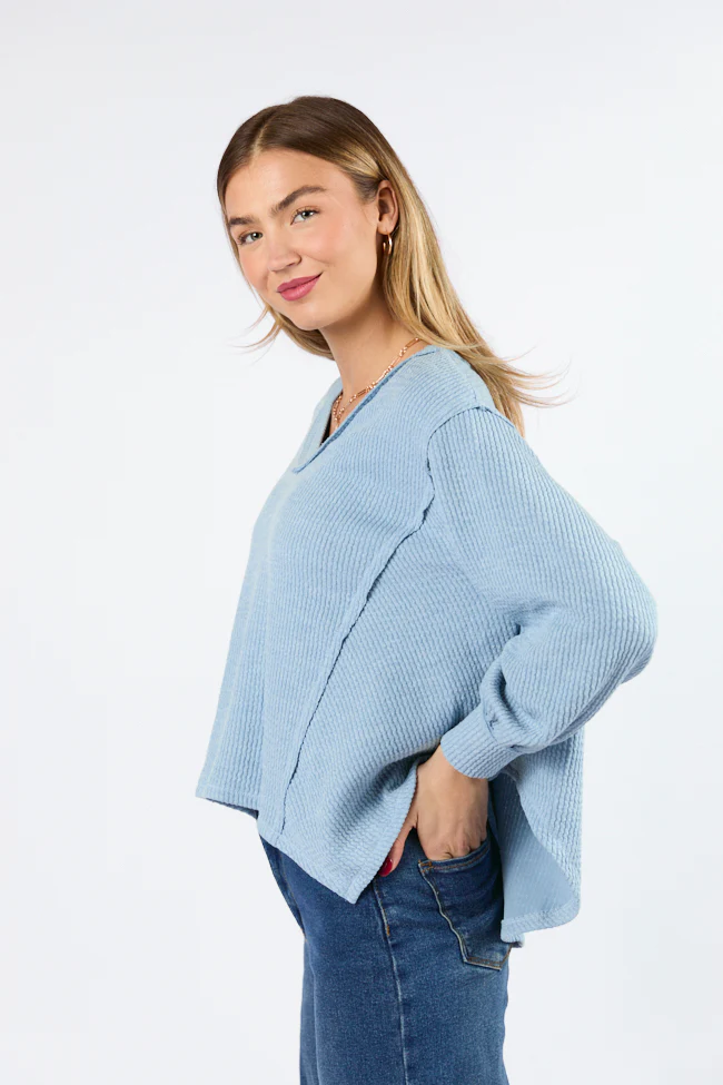 Never Say Never Dusty Blue Ribbed Knit V-Neck Long Sleeve Top FINAL SALE - Terpint