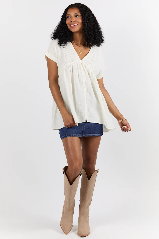 If I Knew Ivory Gauze Button Detail Short Sleeve Top FINAL SALE - Terpint