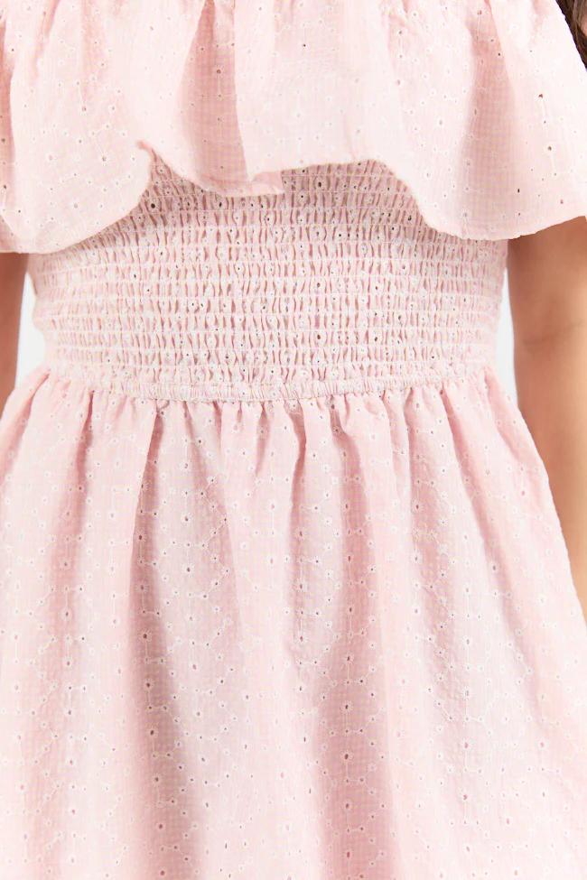 Best Reflection Blush Off The Shoulder Eyelet Gingham Dress FINAL SALE - Terpint