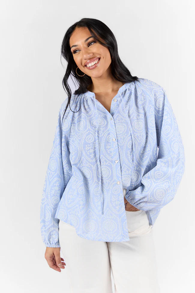 Downtown Delight Blue Embroidered Woven Button Down Blouse DOORBUSTER - Terpint