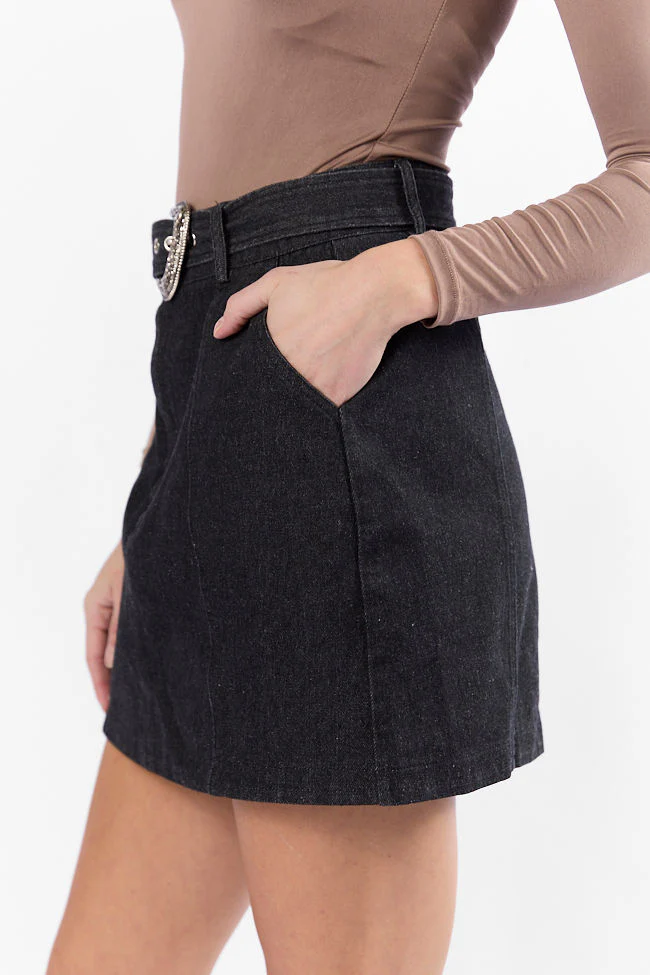 Just To See You Smile Black Western Belted Denim Skirt DOORBUSTER - Terpint