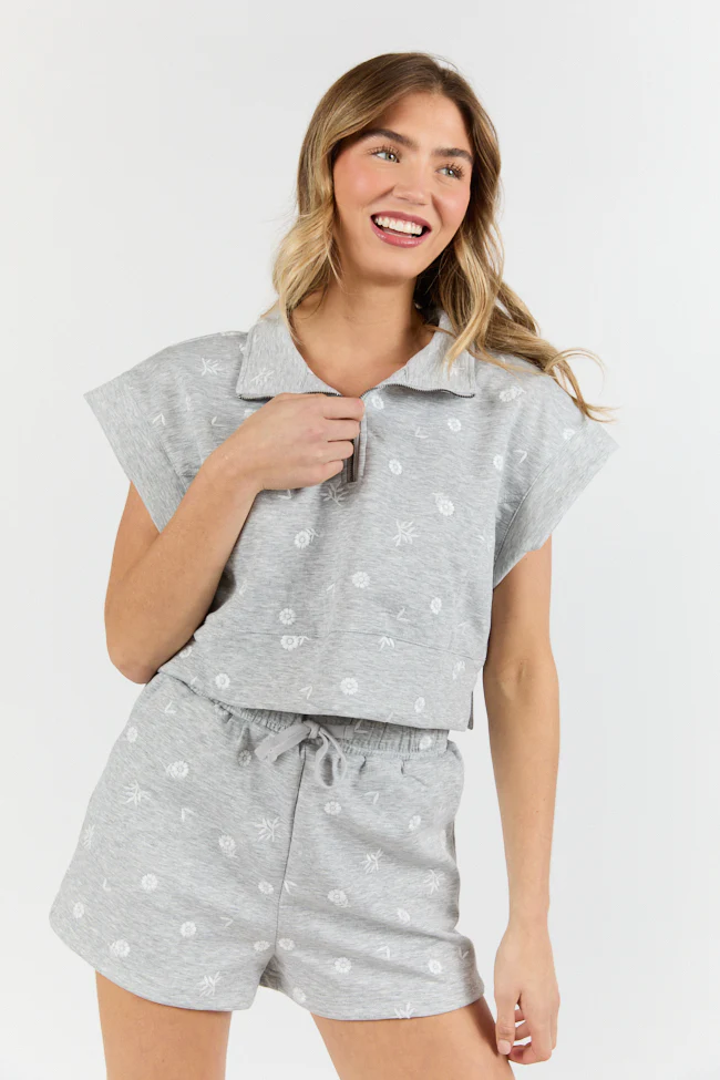 What A Catch Grey Floral Embroidered Half Zip Top SALE - Terpint