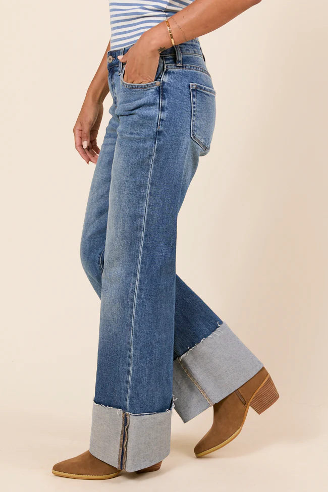 Jolie Dark Wash Mid Rise Wide Flare Cuffed Jeans - Terpint