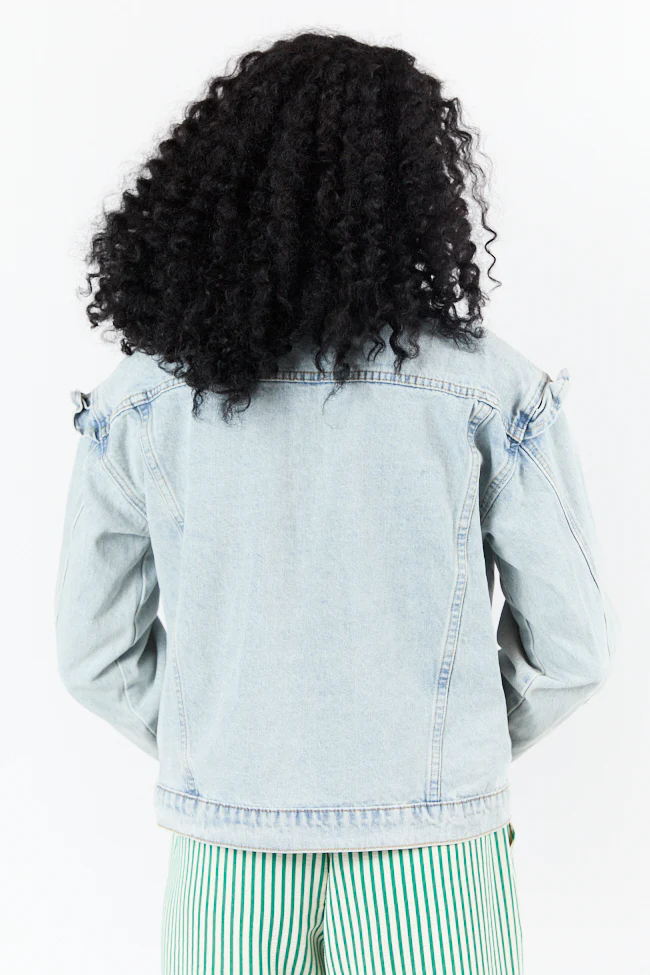 Told You So Light Wash Ruffle Trim Denim Jacket DOORBUSTER - Terpint