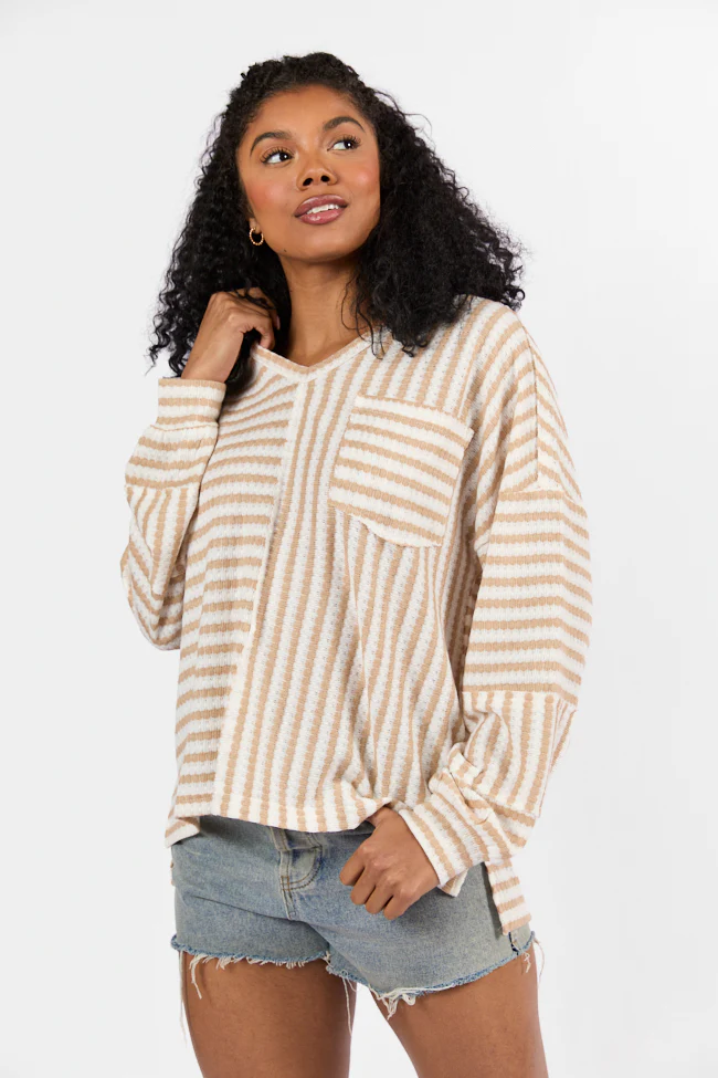 All For Sun Tan and Ivory Striped Knit V-Neck Long Sleeve Tee FINAL SALE - Terpint